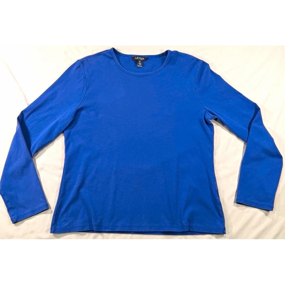 Lauren Ralph Lauren Women's XL Blue Solid Cotton Knit Crew Neck Long Sleeve Tee